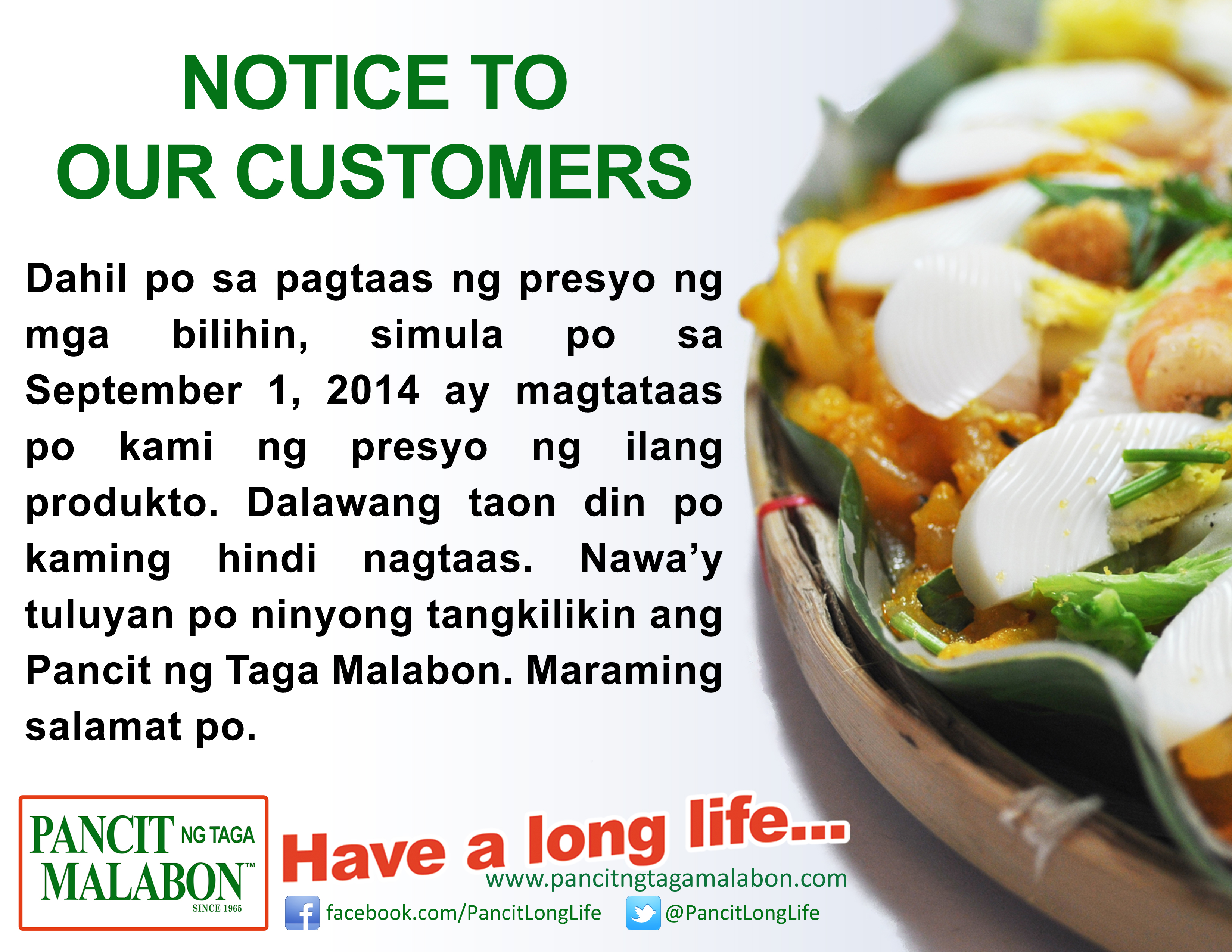 Pancit ng Taga Malabon price increase notice